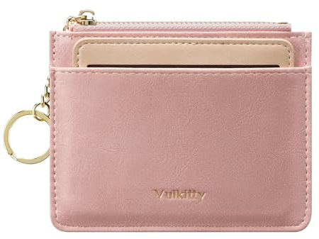 Vulkitty Women Credit Card Holder with Keychain, Zipper Pocket, Hold Up to 10 Cards