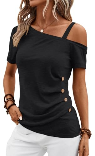 EasyGala Womens Off Shoulder Tops Summer Asymmetrical Shirts Short Sleeve Button Ruched Blouses 2025 Black XX-Large