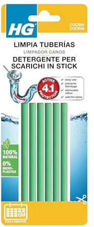 HG Bastoncini ad Azione Disgorgante per lo Scarico del Bagno o della Cucina, Sturalavandini Biodegradabili, Contengono Ingredienti Naturali e sono Facili da Usare, 6 Pezzi