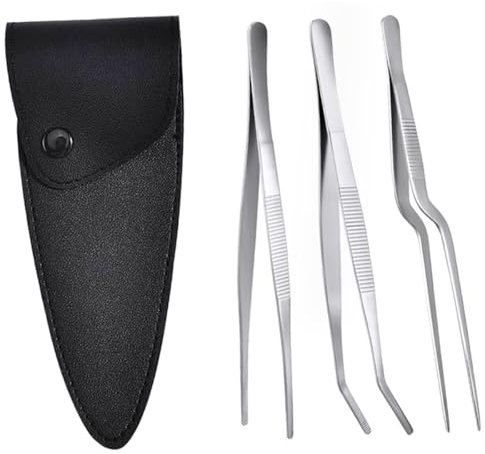 LEEQ 3 PCS Pinzette da Cucina - Pinze Cucina,Pinze per Alimenti da Cucina in Acciaio Inox, Pinzette Dritte, Pinzette Curve, Set di Pinzette, per Decorare Cibi, Cucinare, Cuocere al Forno(16cm)