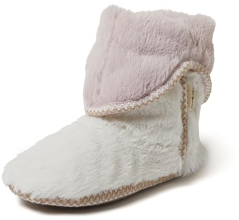 Dearfoams Women's Beth Furry Foldover Boot Slipper, Muslin White, 5-6