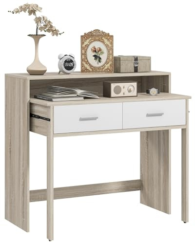 HOMCOM Mesa Consola Escritorio Extensible de 2 Niveles con Rieles Deslizantes 2 Cajones y 2 Ruedas Antivuelco Mesa de Entrada Doble 95x35x87 cm Roble