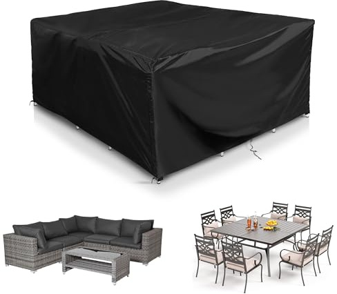 COMLAX FIELD Fundas para muebles de jardín de 200 x 200 x 75 cm, fundas impermeables para sofá de esquina, funda de mesa de jardín, juego de muebles de ratán, fundas de mesa de patio, tela Oxford