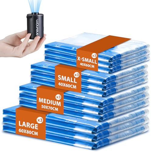 MONVANE Sac Sous Vide et Pompe Électrique Sans Fil 12 Pack - 3L 60x80cm 3M 50x70cm 3S 40x60cm 3XS 30x50cm, Mini Aspirateur et Housse de Rangement pour Vêtement, Voyages, Camping