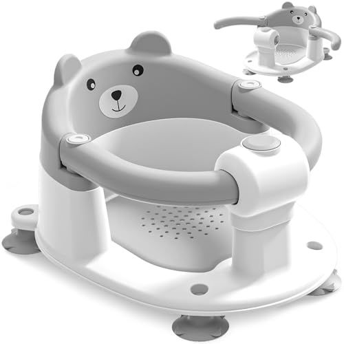 Asiento de Bañera para Bebé a Partir de 6 Meses, Asiento de Baño Antideslizante con 4 Ventosas y Cojín para Recién Nacidos, Silla Bañera Bebe Portátil Segura para la Ducha o la Bañera, Gris