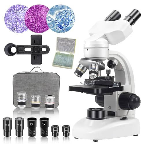 Microscopio binocular compuesto 40X-2000X, WF10X WF25X con cuchillas de microscopio (30 piezas), Platino Mecánico, para la escuela, Laboratorio, Educación en el Hogar para Estudiantes Adultos