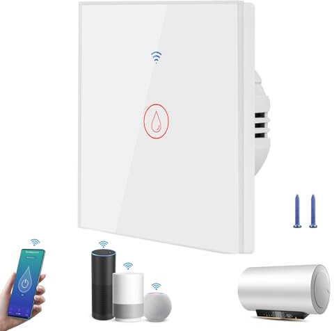 AXFEE Interrupteur Tactile Normal, Interrupteur de Chauffe-eau Intelligent avec la lumière LED, Écran Tactile en Verre, 110V-240V Plaque de Cristal Trempé avec Rétroéclairage Bouton 1 Gang 1 Voie