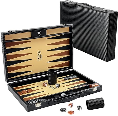 Backgammon Sets for Adults, 15 Inch Backgammon Board Game, Premium Carbon Fiber PU Leather Backgammon Set, with Checkers & Dices, Large Black Travel Backgammon