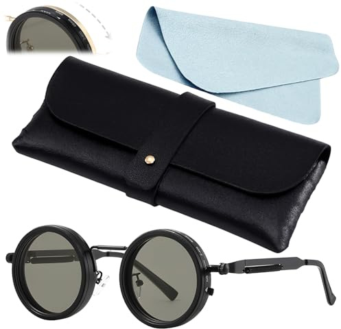 GZGRYTRC Adjustable Tint Sunglasses, 9-Level Lenses Darkness Adjustment, Round Polarized Adjustable Sunglasses, Retro Style with Case and Cloth