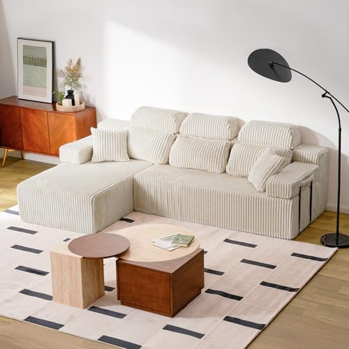 HOMRELEXA 276cm Sofa mit hoher Rückenlehne, L-Form Schlafsofa aus Cordstoff, 3-Sitzer mit Ottomane Links oder rechts, Relaxsofa für Wohnzimmer (Weiß)