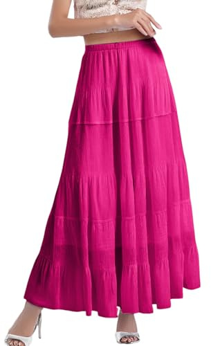Faldas maxi fluidas blancas de gasa para mujer, cintura elástica, plisada, falda larga para mujer, Rosa intenso., XXL