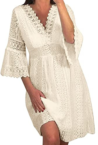 Robe d'été Femme Bohème Chic en Dentelle Robes Grande Taille Légères Lâche Robe Blanche Femme Ample Évasée de Plage Loisirs Mariage Robes Mi Longue A-Ligne Chic et Elegant Dress Longue Ete Boheme