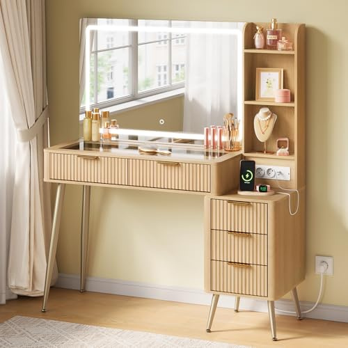 WOLTU sminkbord med belysning, sminkbord med spegel och grenuttag, bordsskiva i härdat glas, med sidoskåp och 3 fack, för sovrum, gult träutseende