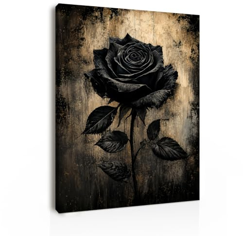 Galmcook Wall Decor Framed Canvas Print 30x40 cm, Black Rose Floral Wall Art, Dark Botanical Canvas Pictures for Bedroom Living Room Home Office, with Hook-and-Loop Pads and Hanging Hook