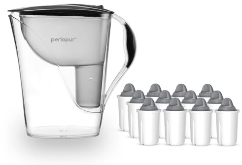 PerloPur - Wasserfilter Fashion (anthrazit) mit 12 Protect+ classic Filterkartuschen (für sehr hartes Wasser) - passt zu Brita Classic