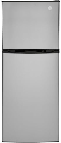 GE GPV10FSNSB 24 Top Freezer Refrigerator with 9.93 cu. ft. Capacity 12V DC Power Only LED Lighting and Adjustable Spillproof Glass Shelves in Stainless Steel and Black