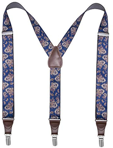 Bioterti Men’s Y-shape 1.4 Inch Suspender -3 Metal Clips, Elastic Straps (Navy Paisley)