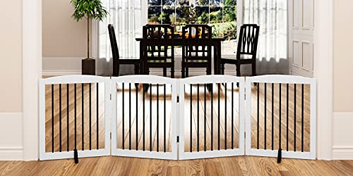 PUPETPO Freestanding Pet Gate for Dogs, Foldable Wooden Dog Gate for House, Indoor Dog Gate for Stair, Doorway, Gates for Dogs Indoor, 80 Inch Wide, 4 Panels 24,White