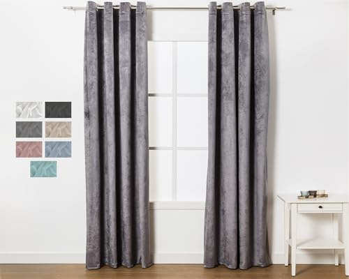 TRAMAS+ Cortina Opaca de Terciopelo, 140x300cm, Térmica Aislante Con Ojales Para Salón, Dormitorio y Sala de Estar - Gris
