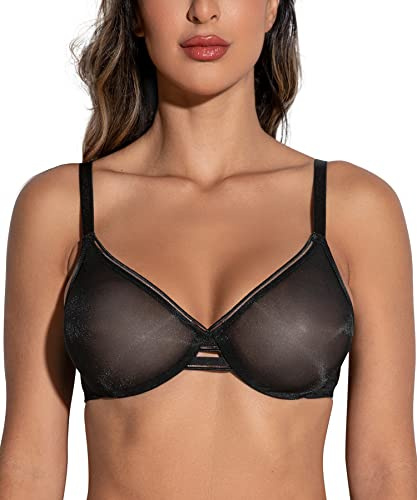 Deyllo Women's Sheer Mesh Lace Unlined Underwire Bra Sexy See-Through Demi Bralette(Black,32C)