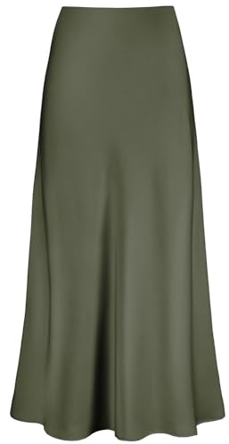 Outoshe Maxi gonne da Donna in Raso a Vita Alta con Elastico Nascosto in Vita Una Linea Gonna Lunga, Verde Militare, XX-Large