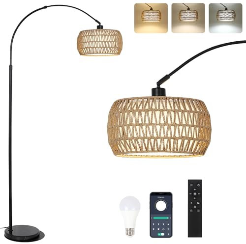 Rayofly Bogenlampe Wohnzimmer Stehlampe, Boho Stehlampe mit Rattan Lampenschirm, Vintage Stehleuchte mit Fernbedienung & LED-Glühbirne, App-Steuerung, Dimmbar Stehlampen für Schlafzimmer Büro, Schwarz