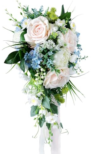 Fouriding Wedding Bouquets,Water Drop Waterfall Bridal Artificial Flowers Bride Roses Bouquet for Ceremony Anniversary Bridal Shower Party Wedding Bouquets Decoration (Pink Blue)