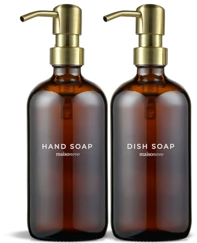 MaisoNovo Hand and Dish Soap Dispenser Kitchen Set - 500 ml Amber Glass Soap Dispenser Bottle with Pump Golden x 2, Waterproof Labels