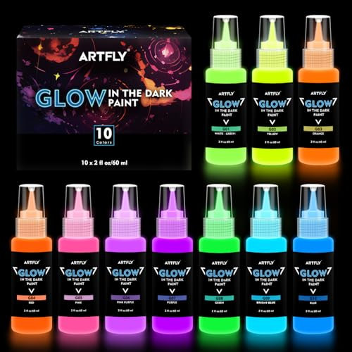 ARTFLY nachtleuchtende Farben, Fluoreszierende Leuchtfarbset mit 10 leuchtenden Farben á 60ml/2oz, Acryl Glow in The Dark Farbe perfekt Halloween- und Weihnachtsdekoration