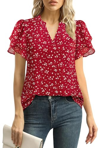 Lotusmile Dressy Chiffon Tops for Women, Red Blouses for Casual Office Work, Short Sleeve Wrinkle Free Travel Clothes, Summer Tops