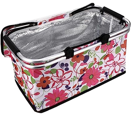 Mikinona Large Insulated Picnic Bag 18.50 Inch Foldable Lunch Basket with Metal Frame Waterproof Oxford Fabric Handles Portable Thermal Insulated Lunch Bag for Outdoor Work School