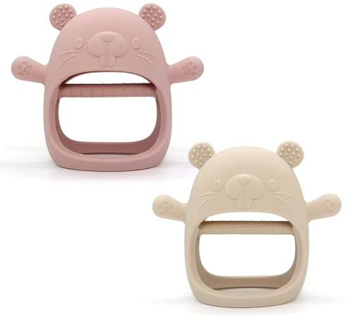 Cubble 2 Pack Silicone Teething Mitten for Soothing Teething Pain Relief, BPA Free Anti Dropping Wrist Hand Pacifier Teether Toy, Baby Chew Toys for Sucking Needs, 3M+ (Chipmunk Blush/Ivory)