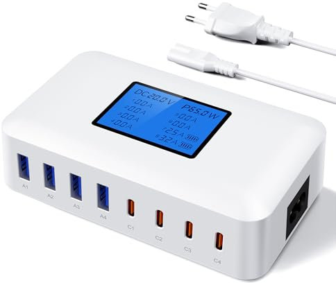 RENGOGA Cargador USB C Multiple 200W 8-en-1 con Pantalla LCD - Estación de Carga Rápida Universal para MacBook, iPhone 16/15/14Pro, Samsung Galaxy