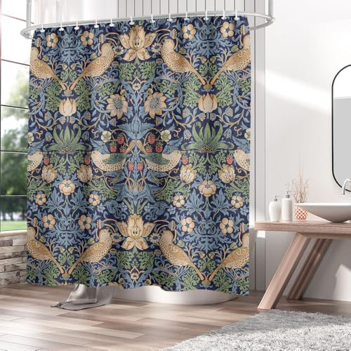 William Morris Floral Vorhänge,William Morris Dekorative Stoff Duschvorhang,William Morris Art Nouveau Malerei Duschvorhang für Badezimmer Dekor mit 12 Haken 180x180cm Polyester
