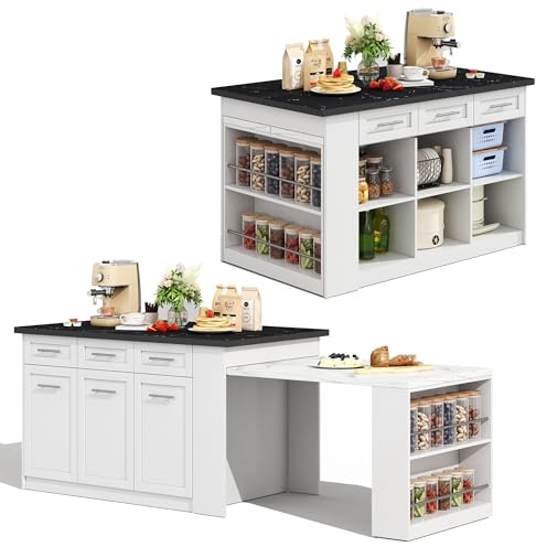 Isola da cucina multifunzione 150+96 cm, tavolo da pranzo allungabile bianco, piano marmorizzato nero/bianco, armadietti integrati