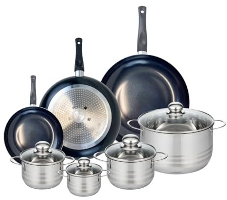 ELO 9749150 Batterie de cuisine 7 pièces, Ensemble de 3 Poêles de cuisson 20, 28 et 32 cm et 4 faitouts 12, 14, 16 et 24 cm Elo Prima Brillant, inox, induction