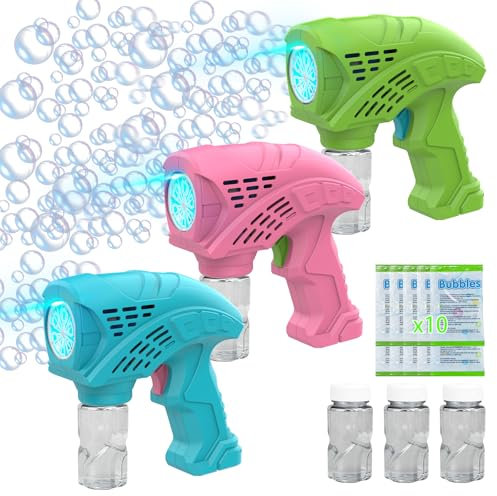 Panamalar 3 Packs Pistola de Burbujas para Niños, Máquina de Burbujas de Jabón 5000+ Pompas/Min con 3 Botellas/10 Recambio Solución/Luz, Pistolas de Pompas Portátiles para Fiestas Al Aire Libre Bodas