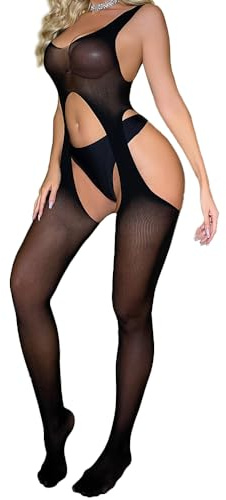 Bommi Fairy Women Sexy Bodystocking Suspenders Sheer Lingerie One Piece Tights Transparen Clubwear Bodysuits (Black)
