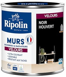 RIPOLIN - Peinture Intérieure Multi-Supports – Murs, Boiseries & Radiateurs – Ultra couvrante - Monocouche - Confort d'application - Aspect Velours - Noir Houvert - 0,5L