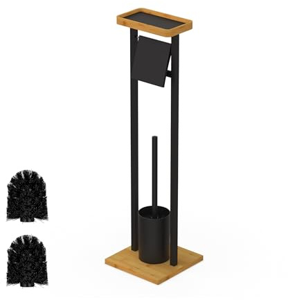 Relaxdays Set de baño Independiente con Estante 73,5x20x20 cm, 2 recambios, portarrollos y Cepillo WC, Negro/Natural, Hierro, Bambú, Plástico, 73.5 x 20 x 20 cm