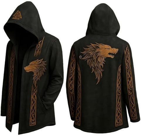 Bastwahl Veste Viking Homme à Capuche Mythe Nordique 3D Mi-Longueur Cardigan Runes Rétro Mode Personnalité Biker Tendance Cardigan Style Hipster Manteau Long