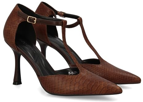 shoes&blues.es 94906 Stiletto de Tacon Fino Diseno Elegante. Zapato de Salon con Tacon Alto y Punta Fina con Hebilla y Diseno en T. Ideal Otono Invierno. Marron Talla 38