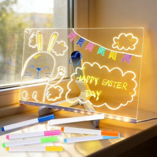 Dhqkqg Tablero Acrílico Luminoso con Mensaje LED, 30x20cm Pizarra de Mensajes con LED Luminosa, Pizarra de Escritura de Acrílico con 7 Colores Bolígrafo y Soporte Ajustable, para Oficina y Hogar