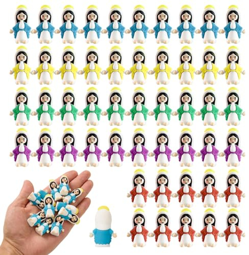NIDONE små Jesus figurer, 50 st små jungfru Maria-figurer mini Jesus figurer miniatyr jungfru Maria docka Kristus frälsare dekor för att dölja julfest gynnar religiös (färgglad)