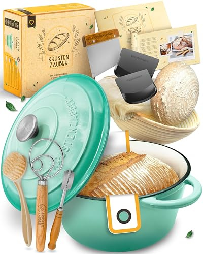 Olla de hierro fundido esmaltado en juego XXL – Molde para pan con tapa incluye cesta de fermentación, batidor, cuchillo de panadero, espátula para masa, soga de pan, etc. Perfecto juego de olla para