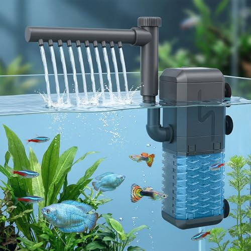 QWORK® Filtre Aquarium Interne 600L/H 6W – Pompe Submersible 3-en-1 avec Oxygénation et Circulation pour Aquariums jusqu'à 200L – Système Ultra-Silencieux pour Poissons, Tortues et Crevettes
