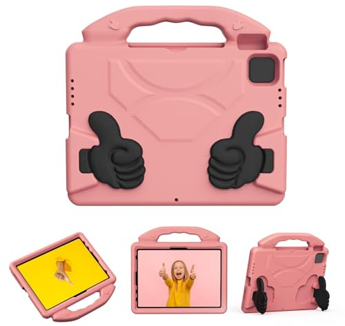 Gugxiom Roterande Handtag i Pad Pro 11 Air 4/5 Fodral - EVA Foam Tablettskydd, Skyddsfodral med Tumgrepp, Tvättbart Stötsäkert Skal med Vikbart Stativ för 10,9 i Pad (Persika rosa)