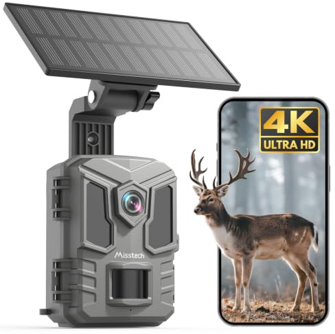 Misstech Caméra de Chasse Solaire 4K 64MP: Contrôle App, sans Abonnement | 0,1s Déclenchement, Vision Nocturne, IP66, Stockage Local, Idéal pour Jardin, Ferme et Observation des Animaux Sauvages