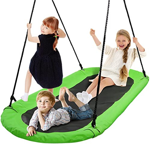 SereneLife Outdoor Spinner Saucer Tree Swing-Hanging Tree Oval Shaped Flying Saucer w/Rope Straps,Cushion Padded Metal Frame,Polyester Fabric Seat,for Kids & Adult-SereneLife SLSOVSWNG55GR (Green)