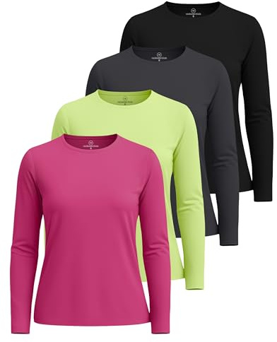 4 Pack: Womens Quick Dry Fit Tech Stretch Long Sleeve Athletic Workout Ladies T-Shirt Tee Top Running Compression Swim Gym Active Wear Crew Exercise Just My Plus Size Yoga Zumba Exercise - Set 9, S